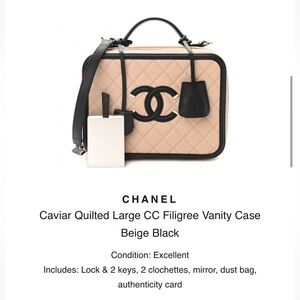 Chanel Caviar Quilted Large CC Filigree Vanity Case Beige Black